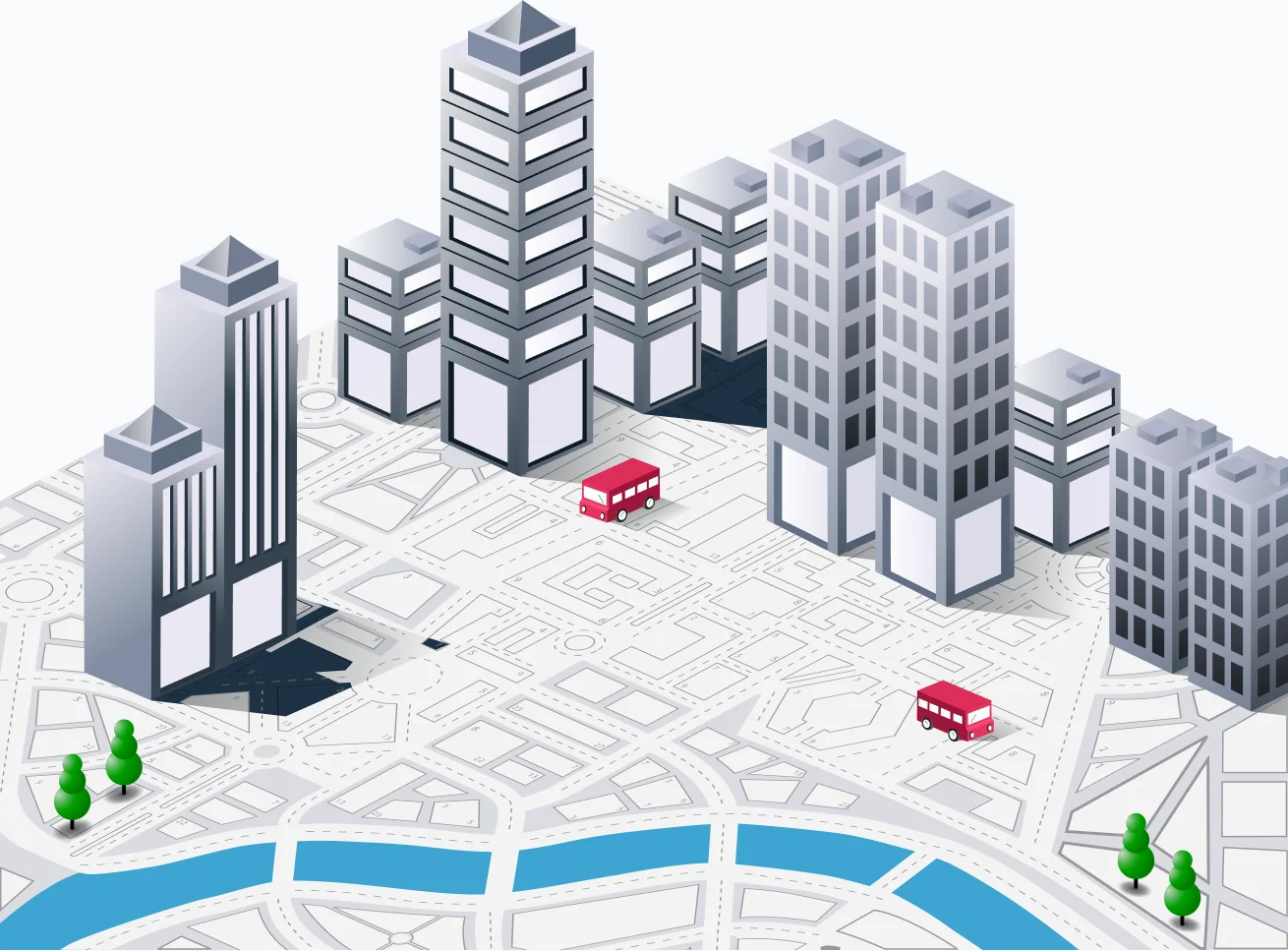 Isometric illustration of buildings rising from a Gandhinagar city map